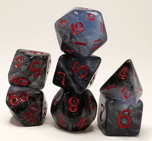 Set of polyhedral dice with red numbers on a white background