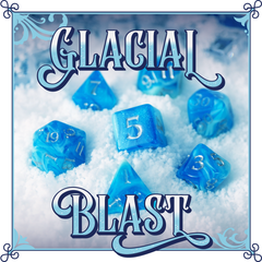 Blue dice with numbers on a snowy background, labeled 'Glacial Blast'.