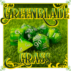 Green dice with numbers on grass, framed by decorative text 'Greenblade Grass'.
