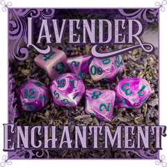 Purple and green polyhedral dice set on lavender with 'Lavender Enchantment' text