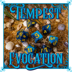 Blue and yellow dice with 'Tempest Evocation' text on a sandy background with shells.