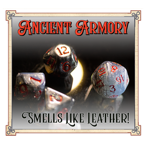 Dungeons and Dragons dice with 'Ancient Armory' branding and leather scent.